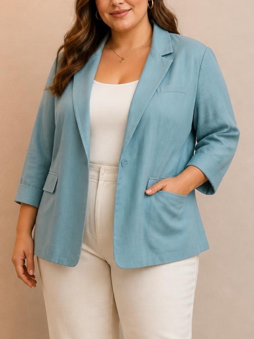Open Edit Women's Blazer Sz 4X - Classic Notch Lapel linen blend